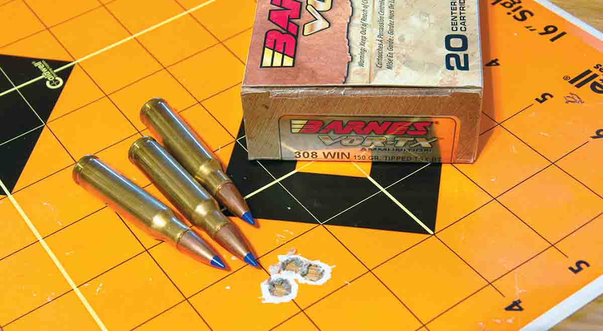 Of the five .308 Winchester loads tested, Barnes 150-grain VOR-TX TTSX ammunition provided the smallest group.